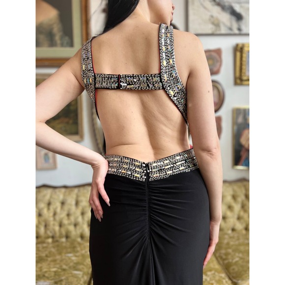 Y2K Black and Sequin High Slit Backless Maxi Dress w Pink Underlay Size Medium - Picture 4 of 11